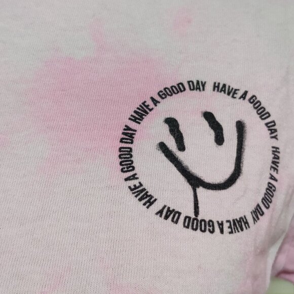 Upcycled Womens Crop Top Have A Good Day Smiley Face Tie Dye Pink White sz M - Picture 3 of 6